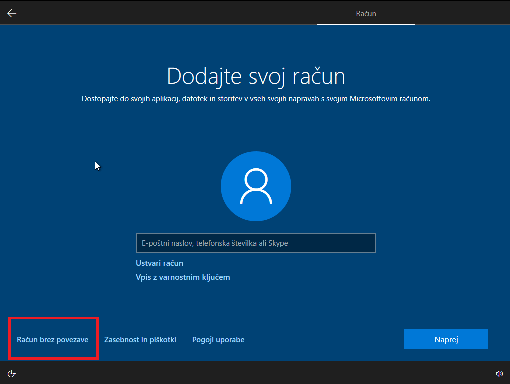 Dodajanje lokalnega računa na windows 10