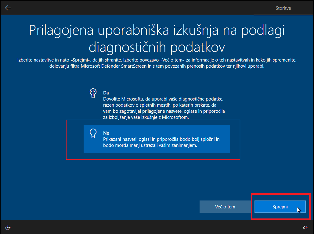 Izklopiti prilagojeno uporabniško izkušnjo glede diagnostičnih podatkov