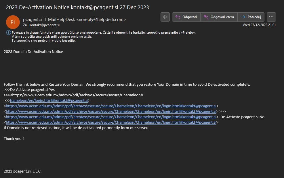 Spletna prevara phising za email naslov in gelso PC Agenta Spletna prevara phising za email naslov in gelso PC Agenta