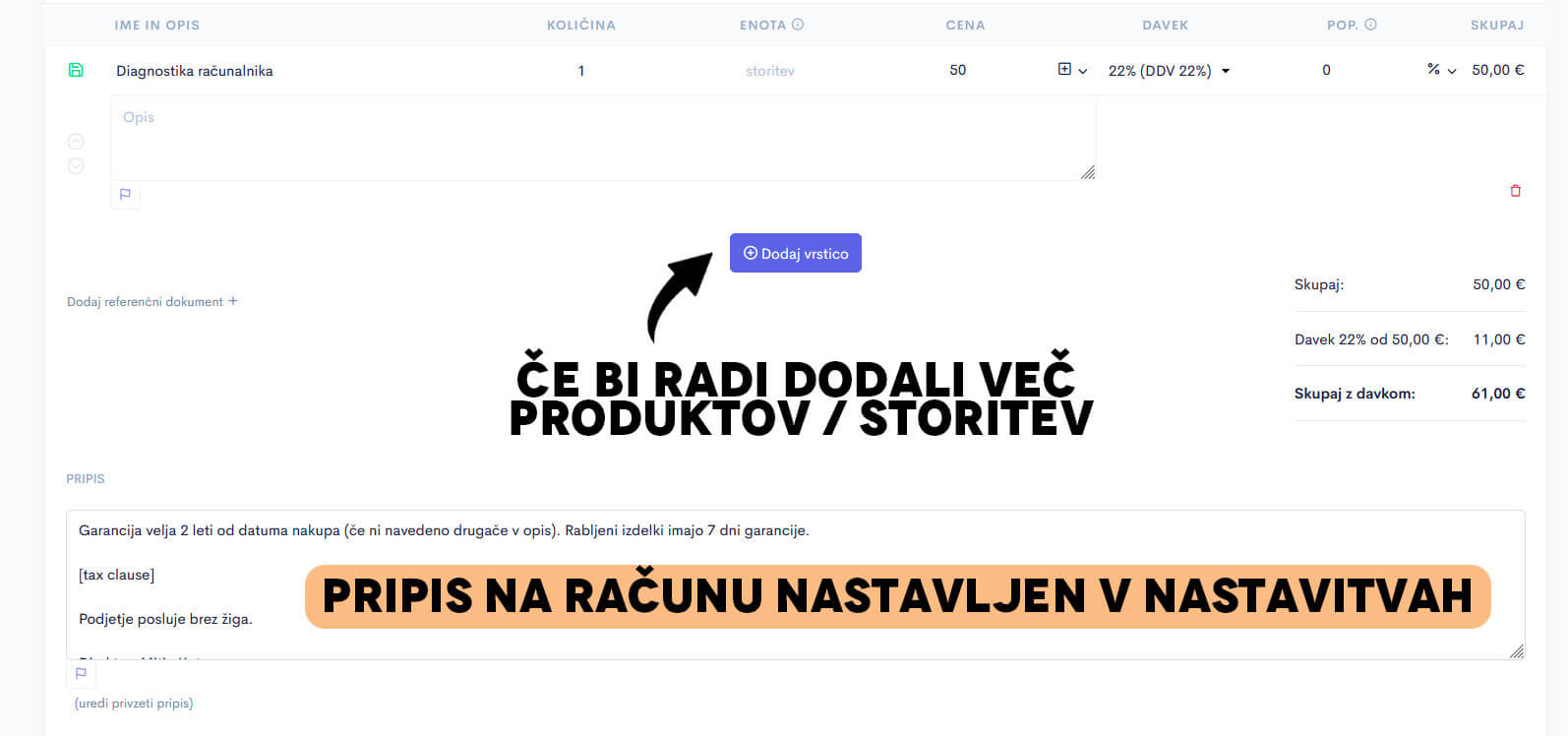 Dodajanje produktov ali storitev na račun Dodajanje produktov ali storitev na račun