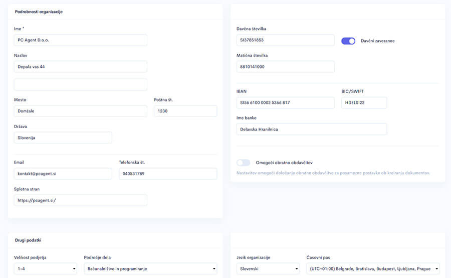 Nastavitev podrobnosti organizacije v programu apollo za izdajanje računov Nastavitev podrobnosti organizacije v programu apollo za izdajanje računov