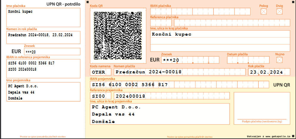 Primer položnice z QR kodo pri izdanem računu preko programa apollo Primer položnice z QR kodo pri izdanem računu preko programa apollo