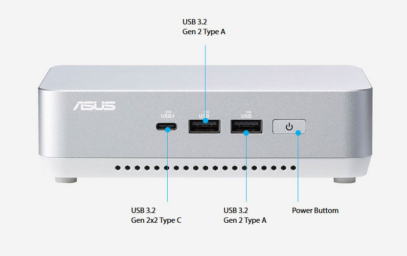 ASUS NUC 14 Pro+ Intel Ultra 9 185H [Barebone] Mini Računalnik Sprednji vhodi in oblika