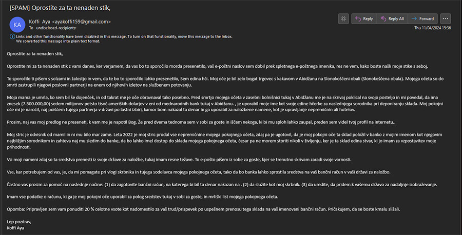 Spletna prevara se ponavadi zacne z kontaktom preko emaila ali socialnega omrezja Spletna prevara se ponavadi zacne z kontaktom preko emaila ali socialnega omrezja