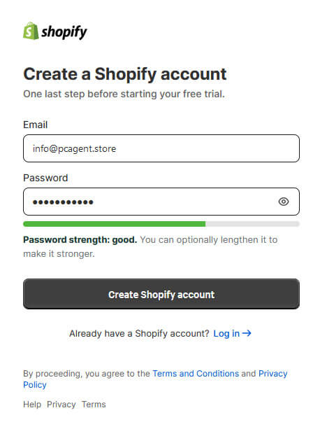 Registracija računa na platformi Shopify z email naslovom Registracija računa na platformi Shopify z email naslovom
