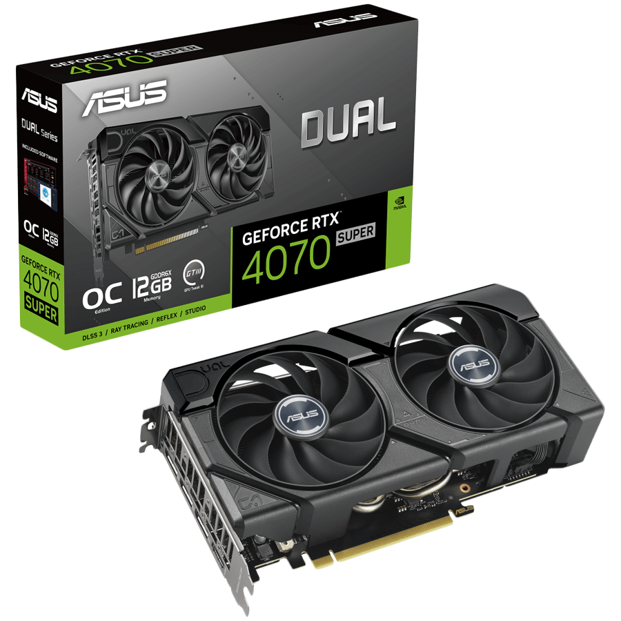 ASUS Dual GeForce RTX 4070 EVO OC Edition 12GB GDDR6X graficna kartica with two powerful Axial tech fans and a 2.5 slot design for broad compatibility PCIe 4.0 1xHDMI 2.1a 3xDisplayPort 1.4a