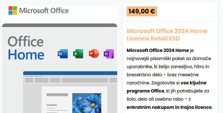 Microsoft Office Cena za 2024 Home verzijo brez outlook